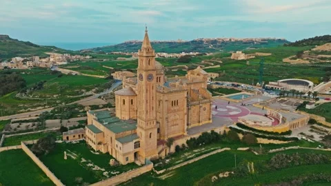 Drone view of famous catholic Ta' Pinu church on Gozo island, Malta island Stockbeeldmateriaal 330063778