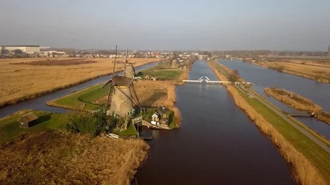 Drone view of the famous landmarks at Kinderdijk, the Netherlands Stock Footage 103029211