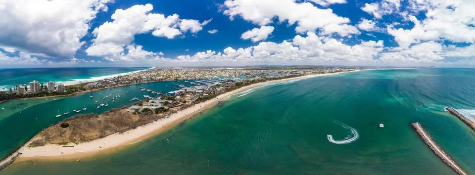 Drone view of famous Mooloolaba beach and marina Fotos Stock