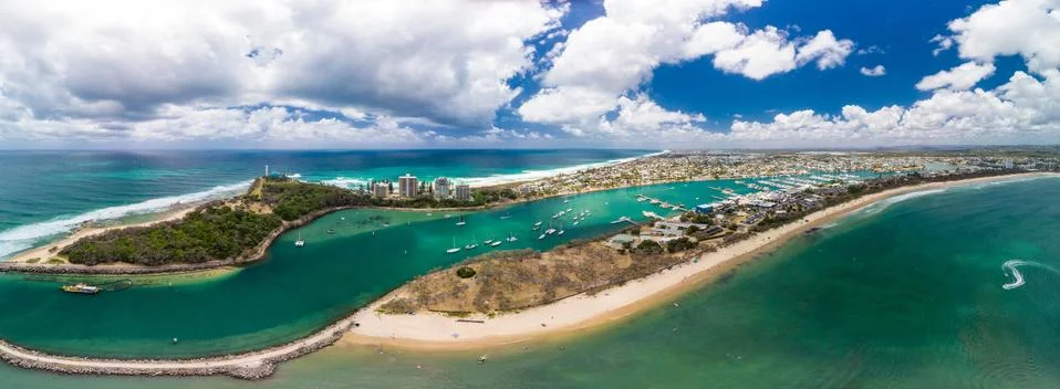 Drone view of famous Mooloolaba beach and marina Fotos Stock