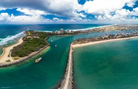 Drone view of famous Mooloolaba beach and marina Fotos Stock