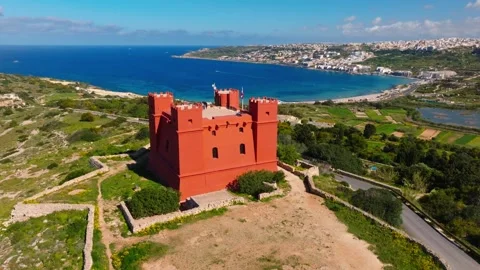 Drone view of famous Red tower on Malta island Stock Footage 305883588