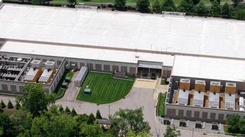 Drone View Of Fan Cooling Systems And Generators For Powering A Data Center Stock Footage 340546978