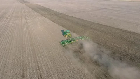 Drone View Farmer Plowing Dusty Field Green Tractor Aerial Midwest America Iowa Stock Footage 240264860