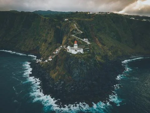 Drone view of Farol do Arnel in Sao Miguel, the Azores Stock Photos