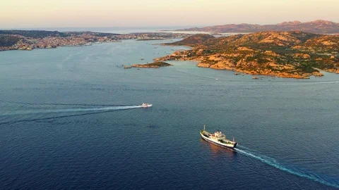 Drone view of a ferry boat going from Palau to La Maddalena, Sardinia, Italy Stock Footage 114194556