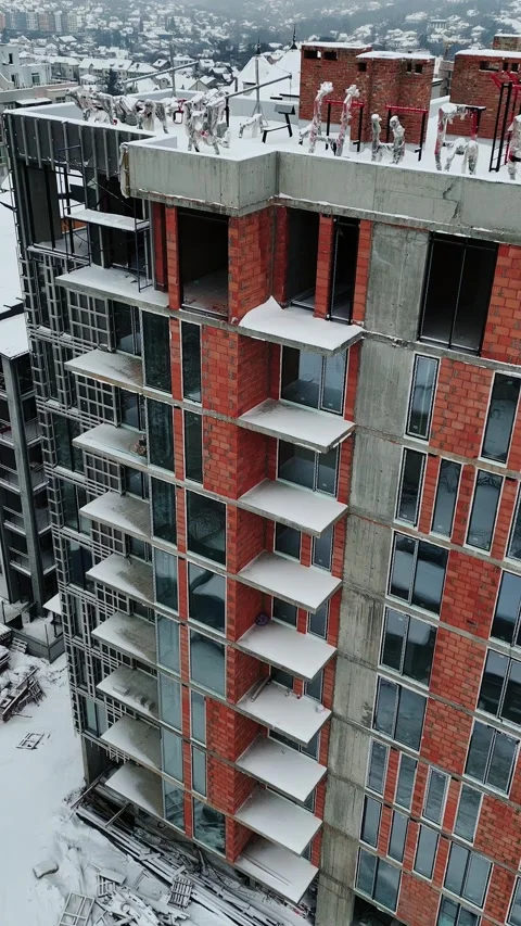 Drone view of finished building with facade and windows Stock Footage 327842714