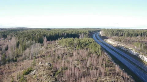 Drone view of Finland Highway traffic and forest Stockbeeldmateriaal 44893255