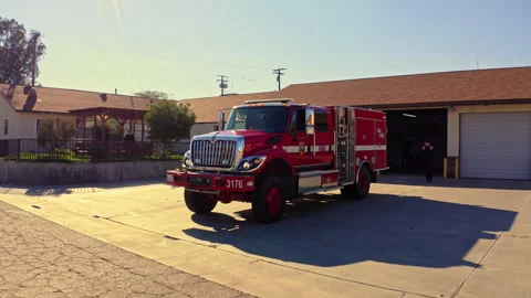 Drone view of fire truck at a fire station Stock Footage 341248978
