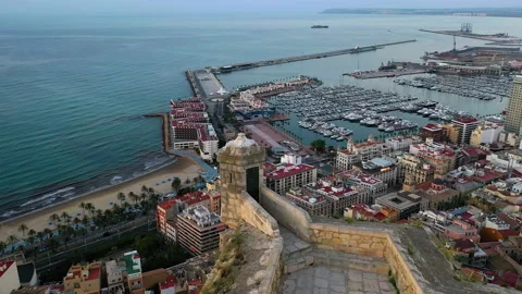 Drone view of first sea line of buildings in the city center of Alicante. Stock Footage 325820194