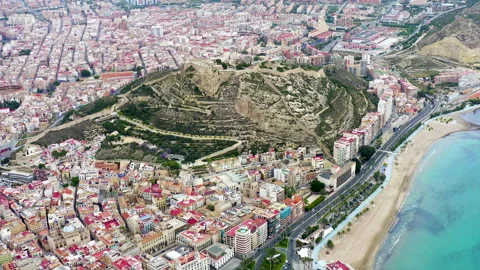 Drone view of first sea line of buildings in the city center of Alicante. Stock Footage 325820791