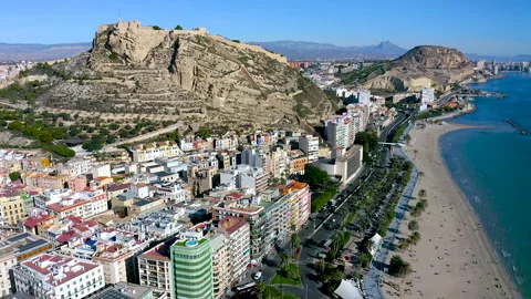 Drone view of first sea line of buildings in the city center of Alicante. Stock Footage 325823906