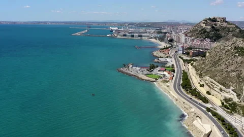 Drone view of first sea line of buildings in the city center of Alicante. Stock Footage 325824700