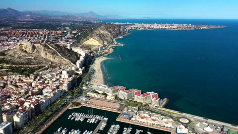 Drone view of first sea line of buildings in the city center of Alicante. Stock Footage 325825136