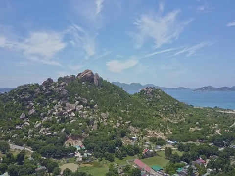 Drone View Fishermen Village against Sea Distant Peninsula Stock Footage
