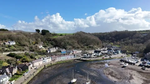 Drone View of Fishguard Lower Town Quayside with Boats, Wales UK Stock-Footage 332072897