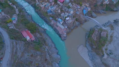 Drone view of  five sacred confluences of the Alaknanda river. The rivers c.. Stock Footage 307676078