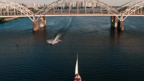 Drone view Flight behind the boat after the watercraft appears in the frame Stock Footage 111876813