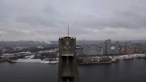 Drone view flight directly to the bridge to the broken plate Stock Footage 111875385