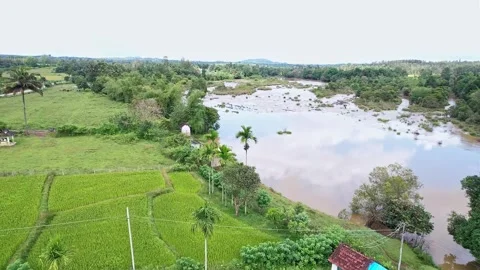 A drone view of flooded landscape with murky water covering fields and vege.. Stock-Footage 344411786
