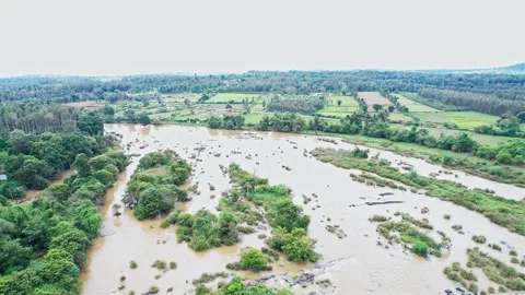 A drone view of flooded landscape with murky water covering fields and vege.. Stock-Footage 344411832