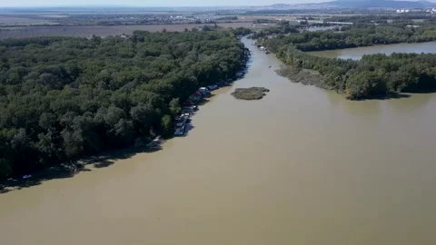 Drone view of the flooding Danube River in Slovakia, natural disaster, 4k Stock Footage 342939860