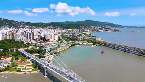 Drone view of Florianopolis - Urban and Beach Landscape with clear sky Stock Footage 296799865