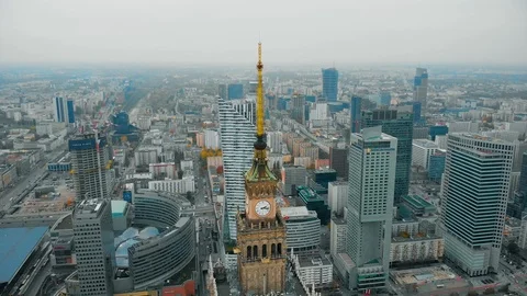 Drone view, fly around the Palace of Culture and Science in Warsaw, Poland Stock Footage 120426248