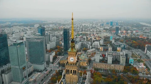 Drone view, fly around the Palace of Culture and Science in Warsaw, Poland Stock Footage 120426269