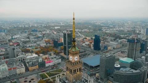 Drone view, fly around the Palace of Culture and Science in Warsaw, Poland Stock Footage 120426350