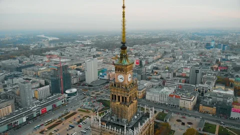 Drone view, fly around the Palace of Culture and Science in Warsaw, Poland Stock Footage 120426368