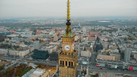 Drone view, fly around the Palace of Culture and Science in Warsaw, Poland Stock Footage 120426446