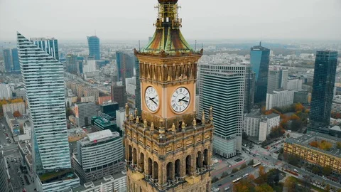 Drone view, fly around the Palace of Culture and Science in Warsaw, Poland Stock Footage 120426471