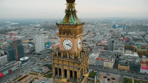 Drone view, fly around the Palace of Culture and Science in Warsaw, Poland Stock Footage 120426577