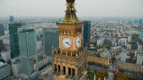 Drone view, fly around the Palace of Culture and Science in Warsaw, Poland Stock Footage 120426596
