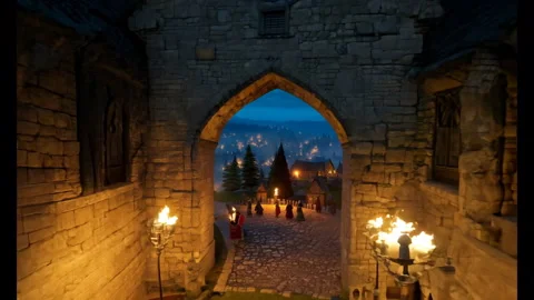 Drone View Fly Over of Realistic Medieval Castle Village at Night Video stock 278474831