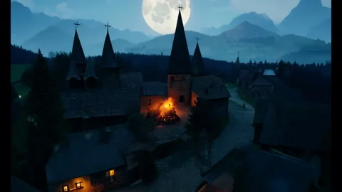 Drone View Fly Over of Realistic Medieval Village at Night Video stock 278474840