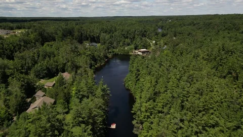 Drone View - Flying down towards Wilson's Falls (falls focus) - Bracebridge, Stock Footage 314233861