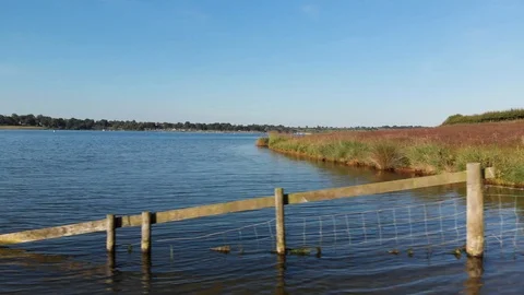 Drone View Flying Low From Fenced Lake Shore Out Across Reservoir Stock Footage 113005452