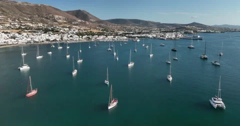 Drone view flying over the anchored boats on the island of Paros , Greece. Stock Footage 232977014
