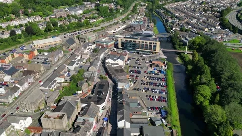 Drone view flying over Pontypridd town centre Stock Footage 251027086