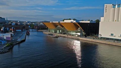 Drone view flying toward Kilden Performing Arts Centre Kristiansand. Stock Footage 328128283