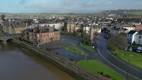 Drone view flying towards the museum and Albert Clock Tower in Barnstable, Devon Stock Footage 302909978