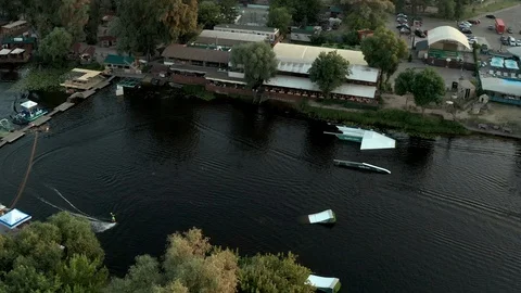 Drone view footage The athlete does Wakeboarding in Kiev. Ukraine in X Park. Stock Footage 111872030