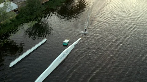 Drone view footage The athlete does Wakeboarding in Kiev. Ukraine in X Park. Stock Footage 111872060