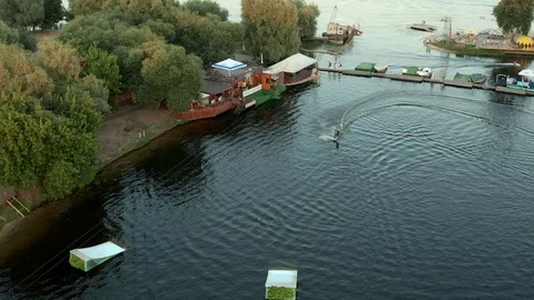 Drone view footage The athlete does Wakeboarding in Kiev. Ukraine in X Park. Stock Footage 111872144