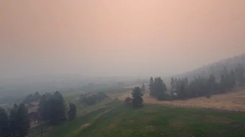 Drone View of Forest Fire BC Smoke, Canada Wildfire Landscape Climate Change Stock Footage 107496903