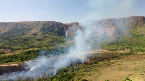 Drone view of Forest fire in Cerrado biome with Atlantic Forest transition Stock Footage 218083967