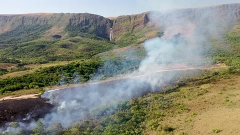 Drone view of Forest fire in Cerrado biome with Atlantic Forest transition Stock Footage 218084444