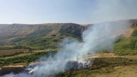 Drone view of Forest fire in Cerrado biome with Atlantic Forest transition Stock Footage 218084488